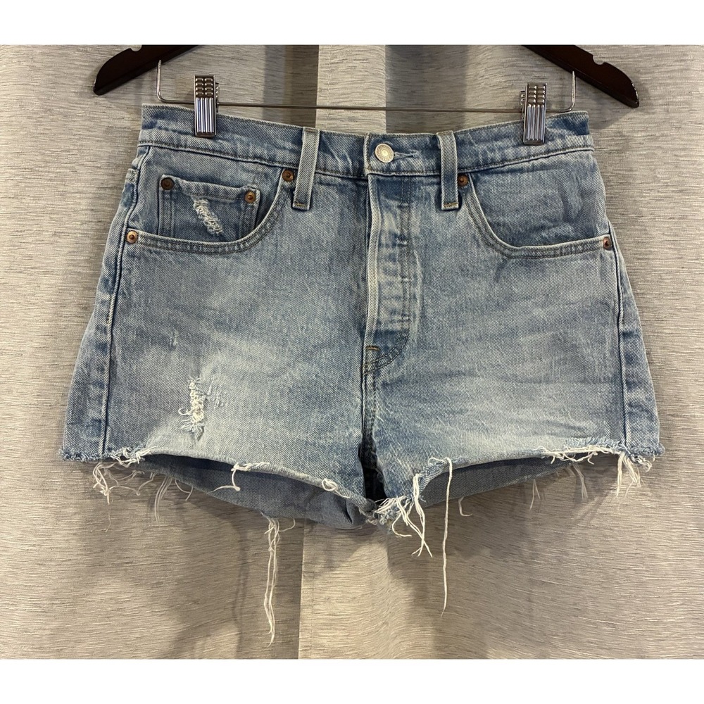 Levis 501 Cut Off Denim Shorts Light Wash High Waisted Button Fly Womens size 27